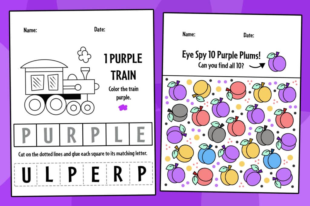purple worksheets for preschool