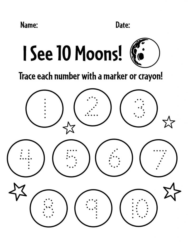 Moon Numbers 1-10, Moon Preschool Theme Worksheets!
