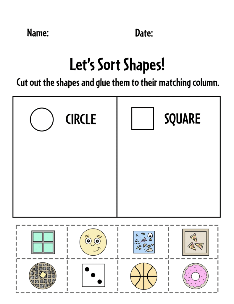 Circle and Square Sort, Free Shape Sorting Worksheets