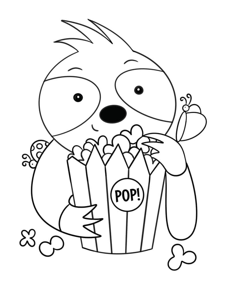 Sloth Eating Popcorn Coloring Page