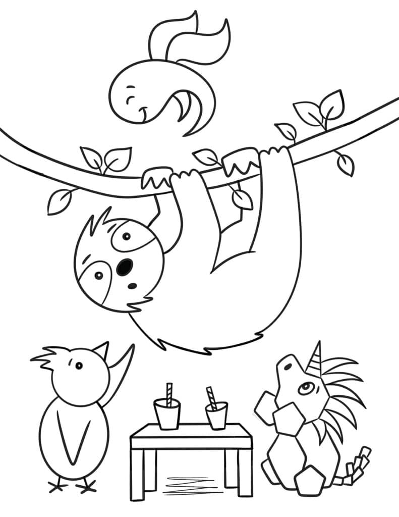 Sloth with Friends Coloring Page