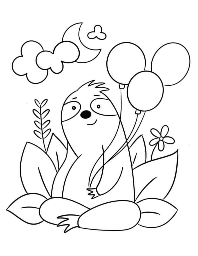 Sloth with Balloons Coloring Page, Free Printable Sloth Coloring Pages
