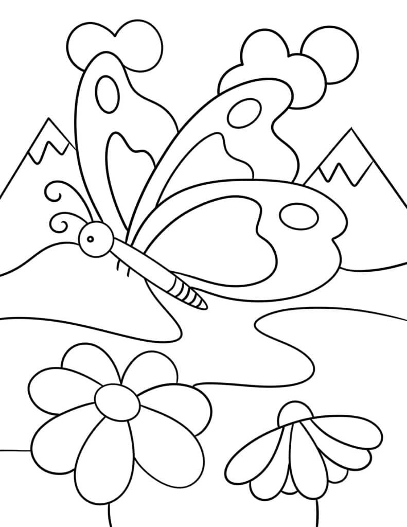 Butterfly in the Mountains Coloring Page
