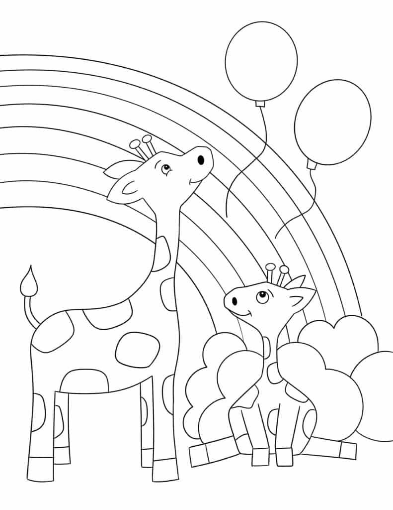 Giraffe with Rainbow Coloring Page