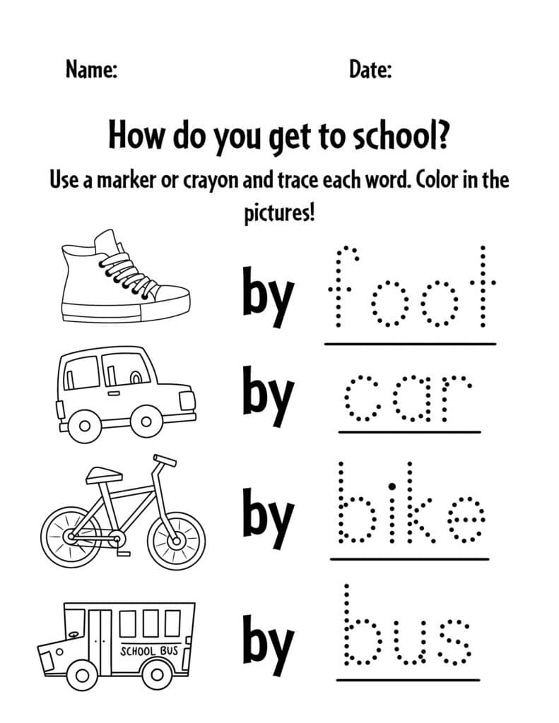 transportation tracing page, Transportation Worksheets for Kids