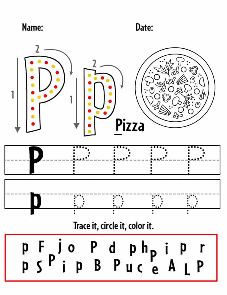 Letter P Tracing Sheet, Free Pizza Printables for Preschool