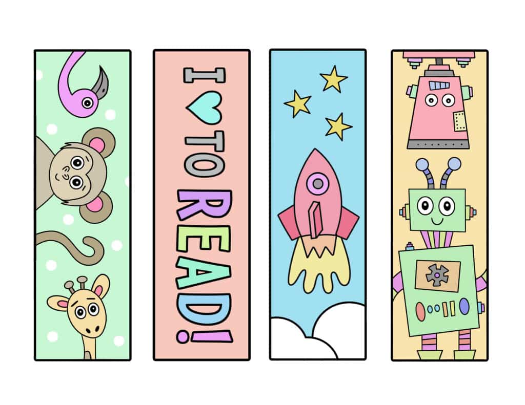 Preschool Bookmarks: animals, rocket ship, robots