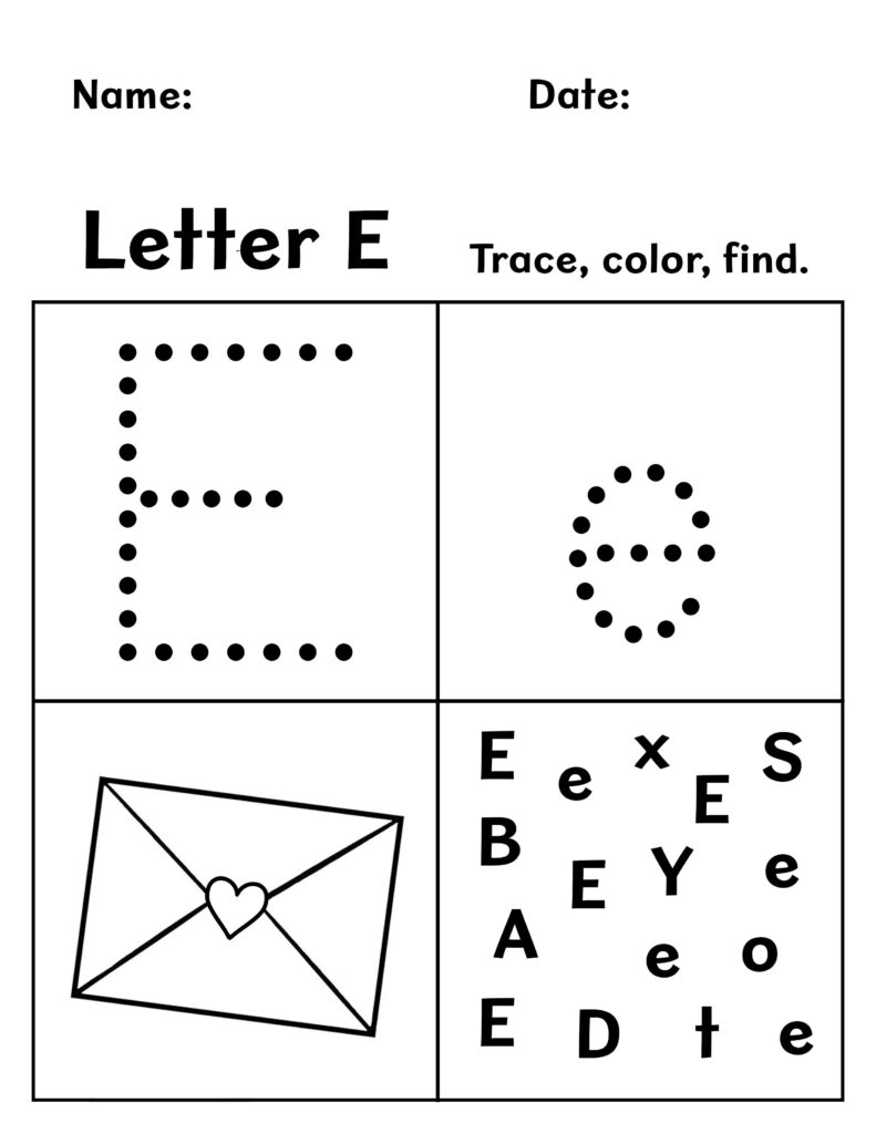 Letter E Trace, Color, and Find