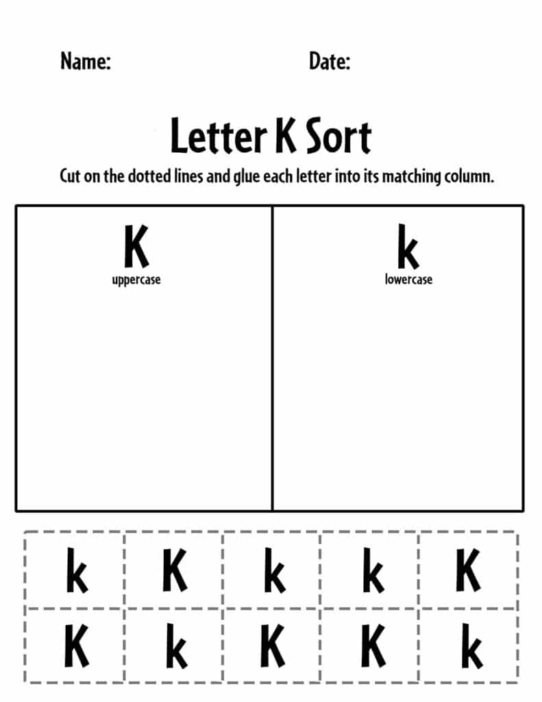 Letter K Uppercase and Lowercase Sorting Worksheet