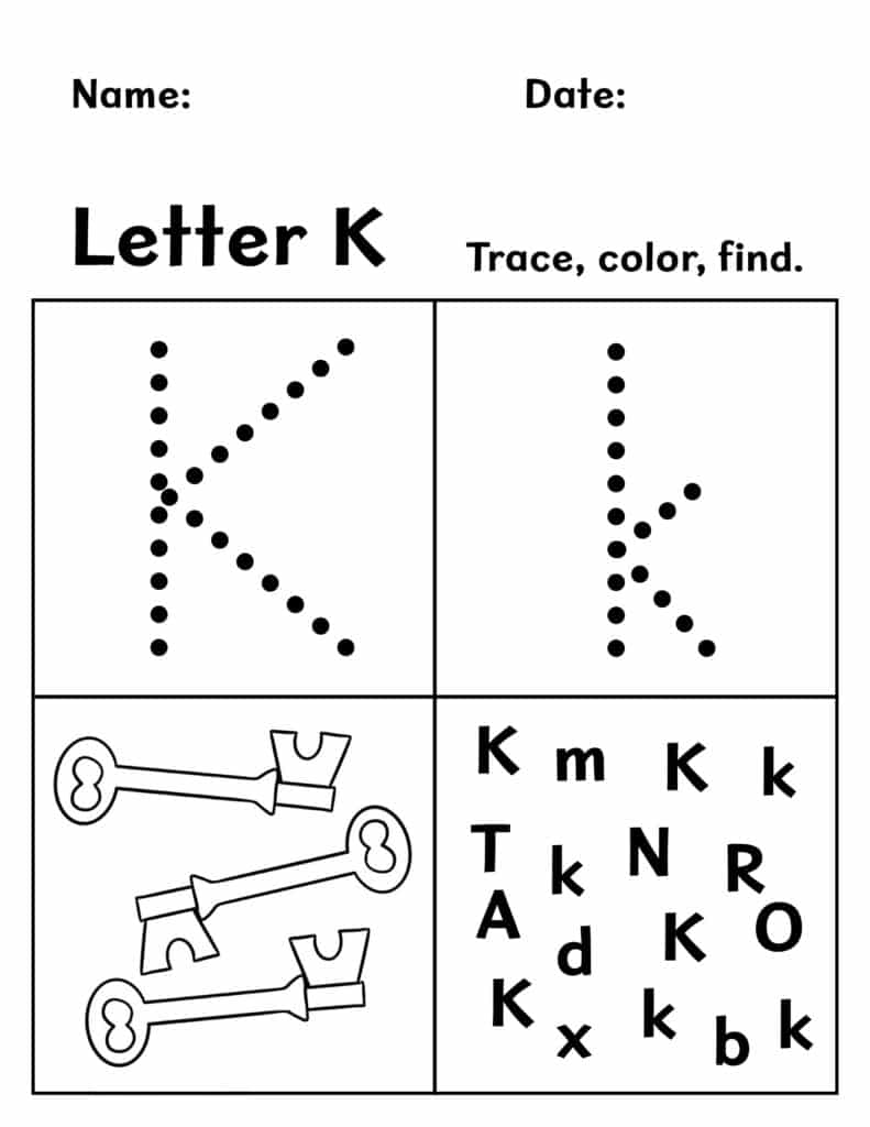 Letter K Trace, Color, and Find