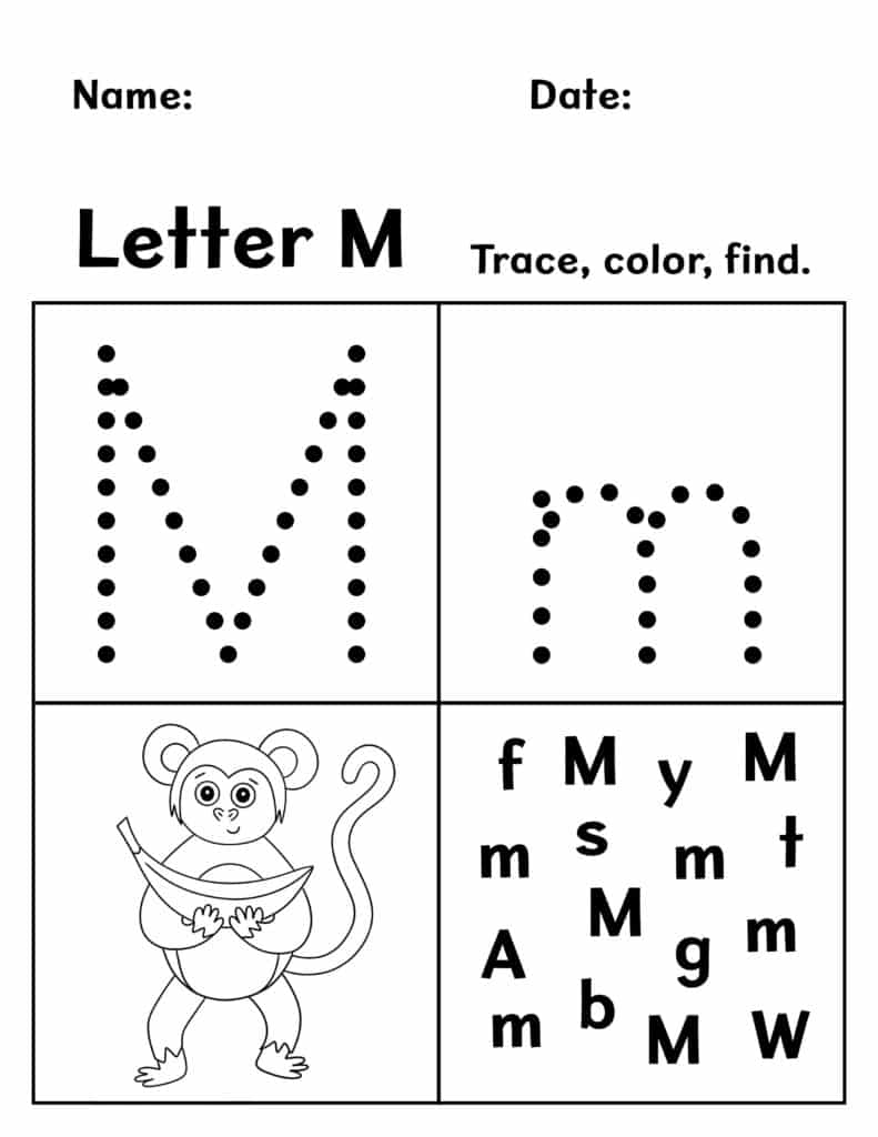 Letter M Trace, Color, and Find