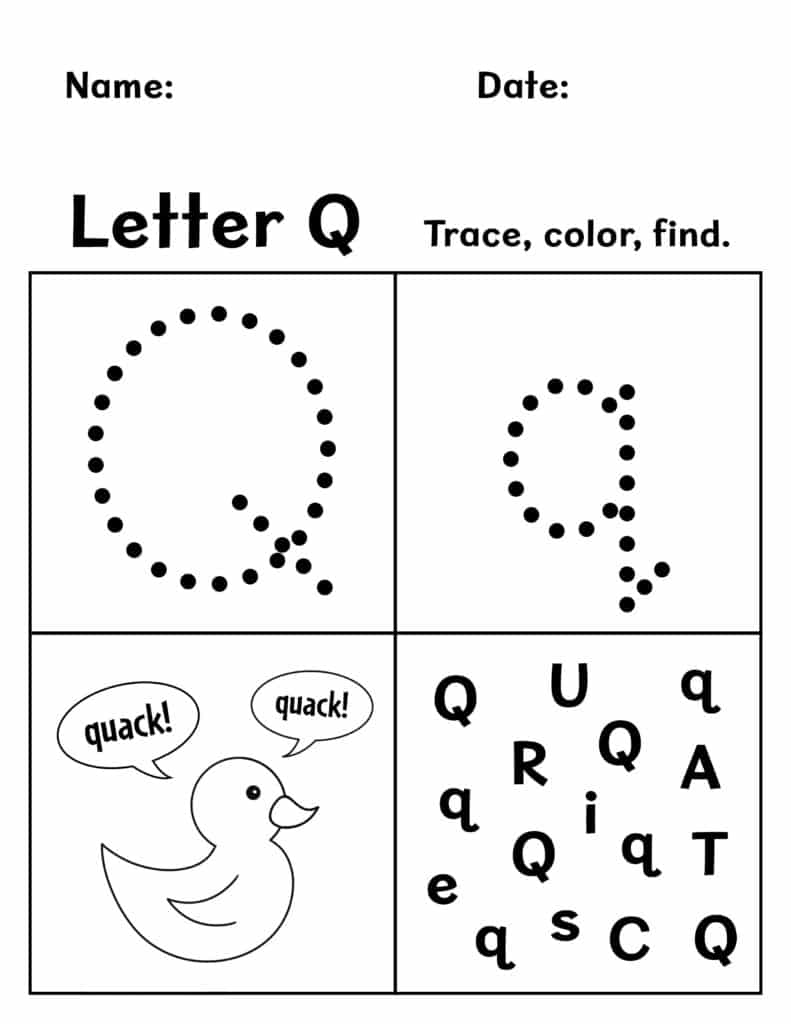 Letter Q Trace, Color, and Find