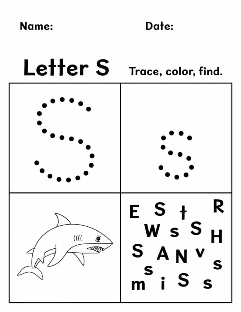 Letter S Trace, Color, and Find