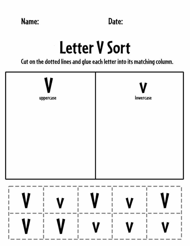 Uppercase and Lowercase Letter V Sorting Worksheet