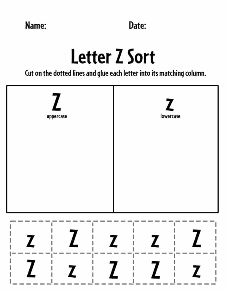 Uppercase and Lowercase Letter Z Sorting Worksheet