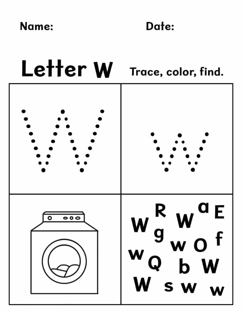 Letter W Trace, Color, and Find