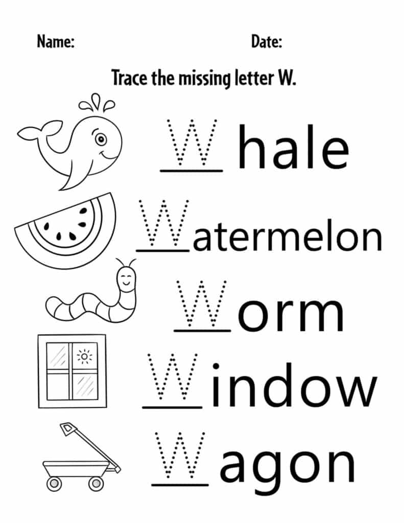 Letter W Trace and Color Worksheet