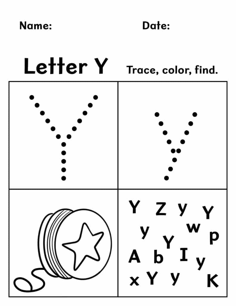 Letter Y Trace, Color, and Find