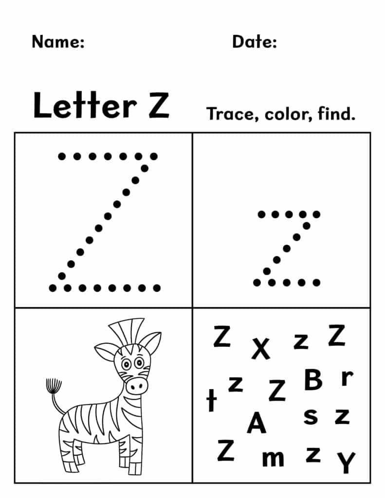 Letter Z Trace, Color, and Find