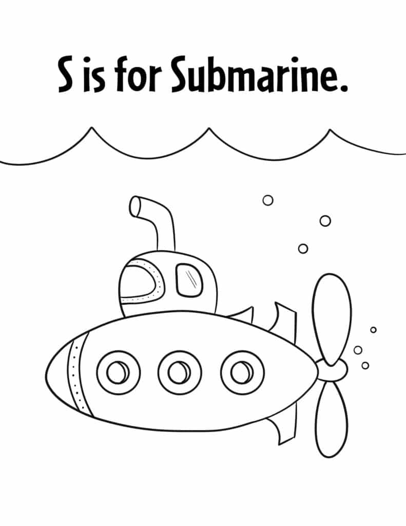 S is for Submarine Coloring Page