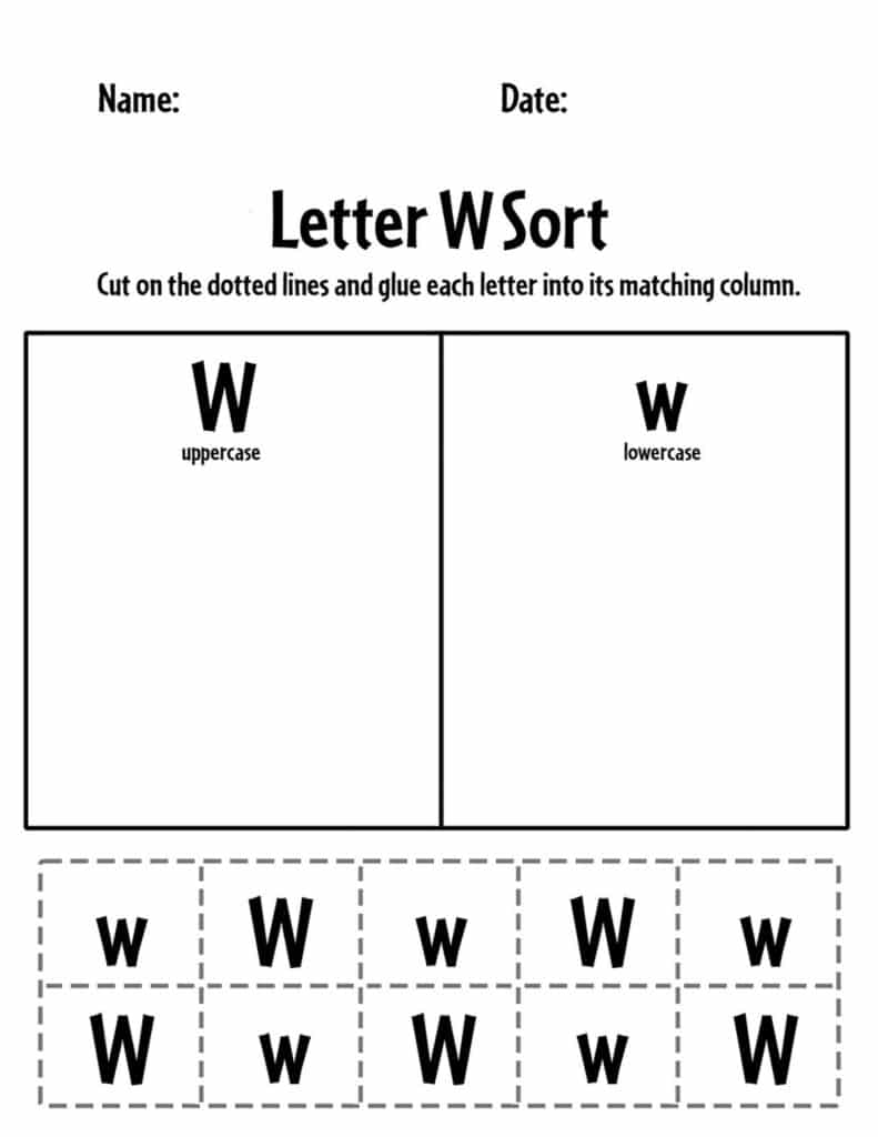 Uppercase and Lowercase Letter W Sorting Worksheet