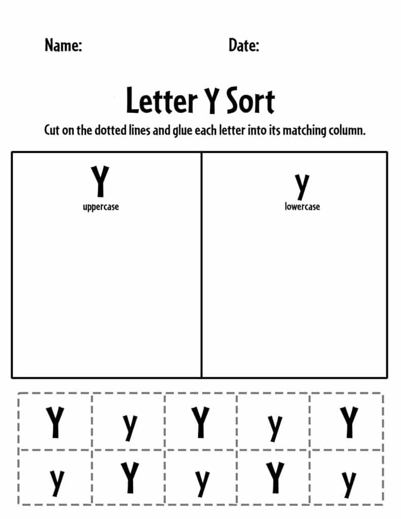 Uppercase and Lowercase Letter Y Sorting Worksheet