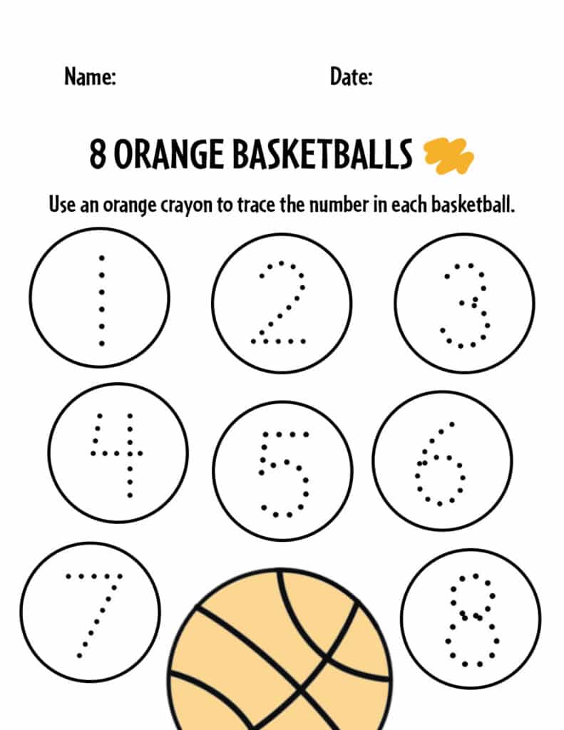 Orange Basketball Number Tracing Page
