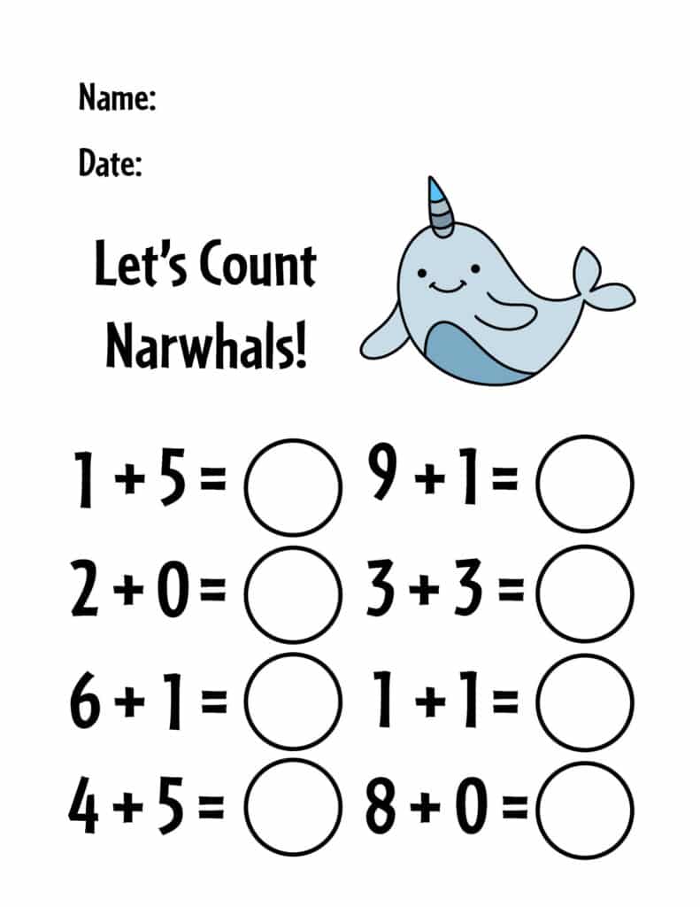 Kindergarten Addition Worksheets, Narwhal Theme