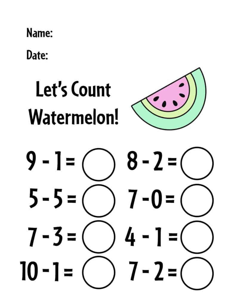 Free Kindergarten Subtraction Worksheets! Watermelon Theme