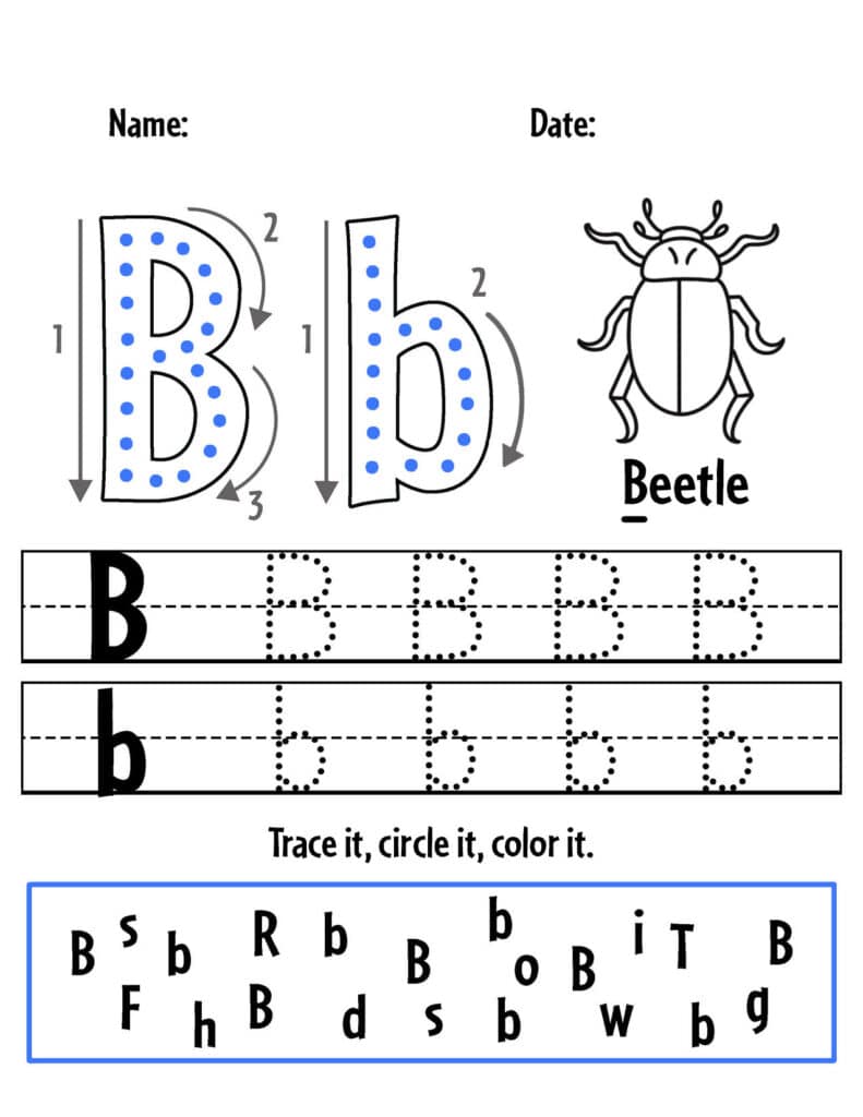 B is for Beetle Letter Tracing Sheet, Free and Fun Bug Activities for Preschool!