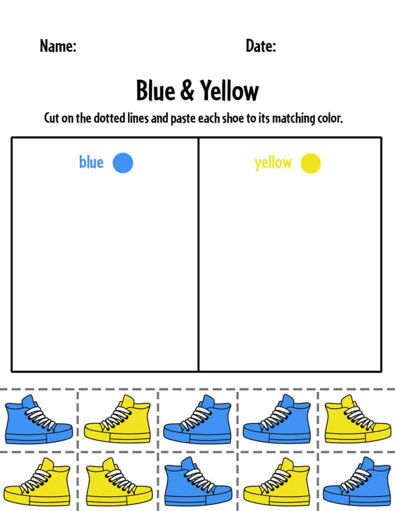 blue and yellow matching sheet, Color Matching Worksheets for Preschool!