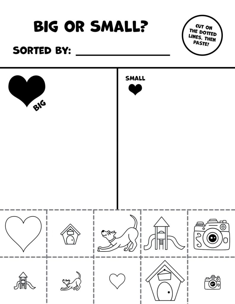 Cut & Paste, Big or Small Worksheets for Preschoolers