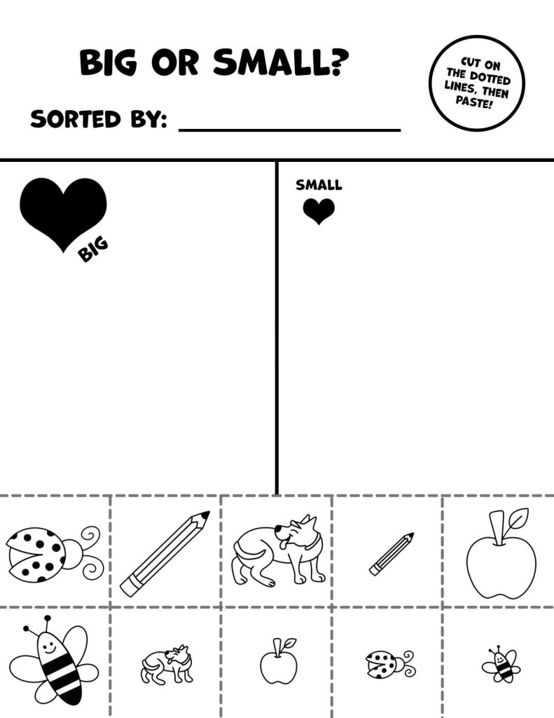 Free Cut & Paste Big or Small Worksheets for Pre-K