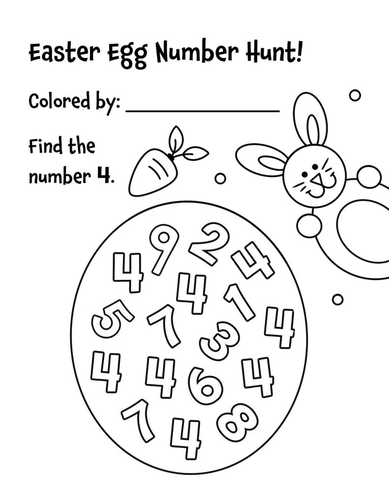Free Number 4 Easter Egg Search Worksheet for Pre-K