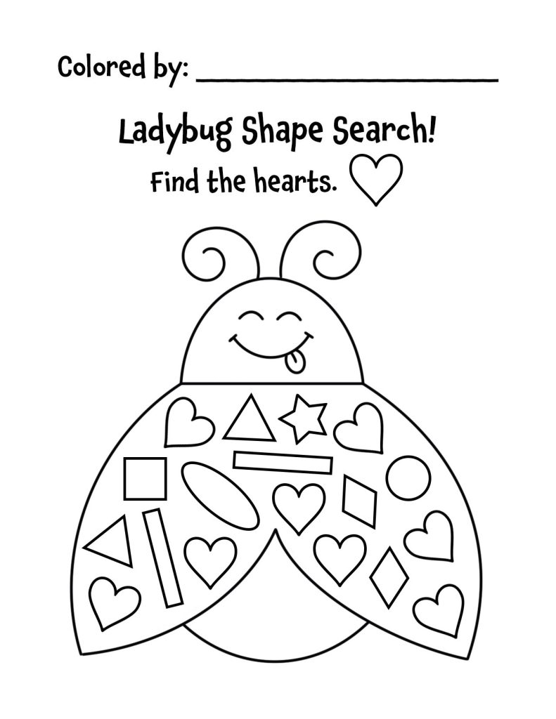 Free Ladybug Shape Search Worksheets for Preschool, heart.