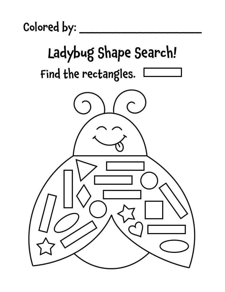 Free Ladybug Shape Search Worksheets for Preschool, rectangle.
