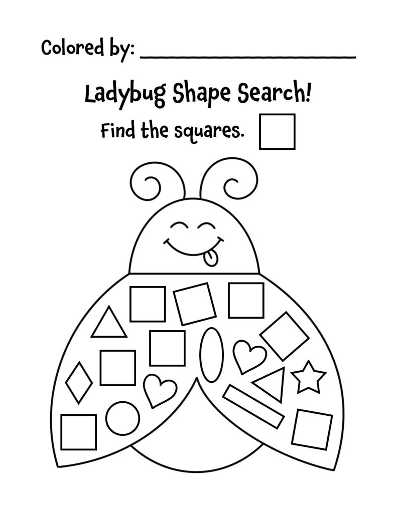 Free Ladybug Shape Search Worksheets for Preschool, Square.