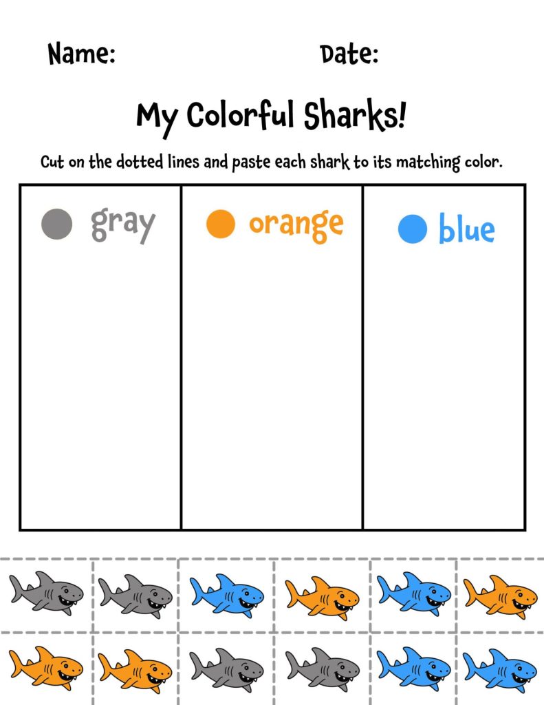 Shark Color Sorting Worksheet for Preschool
