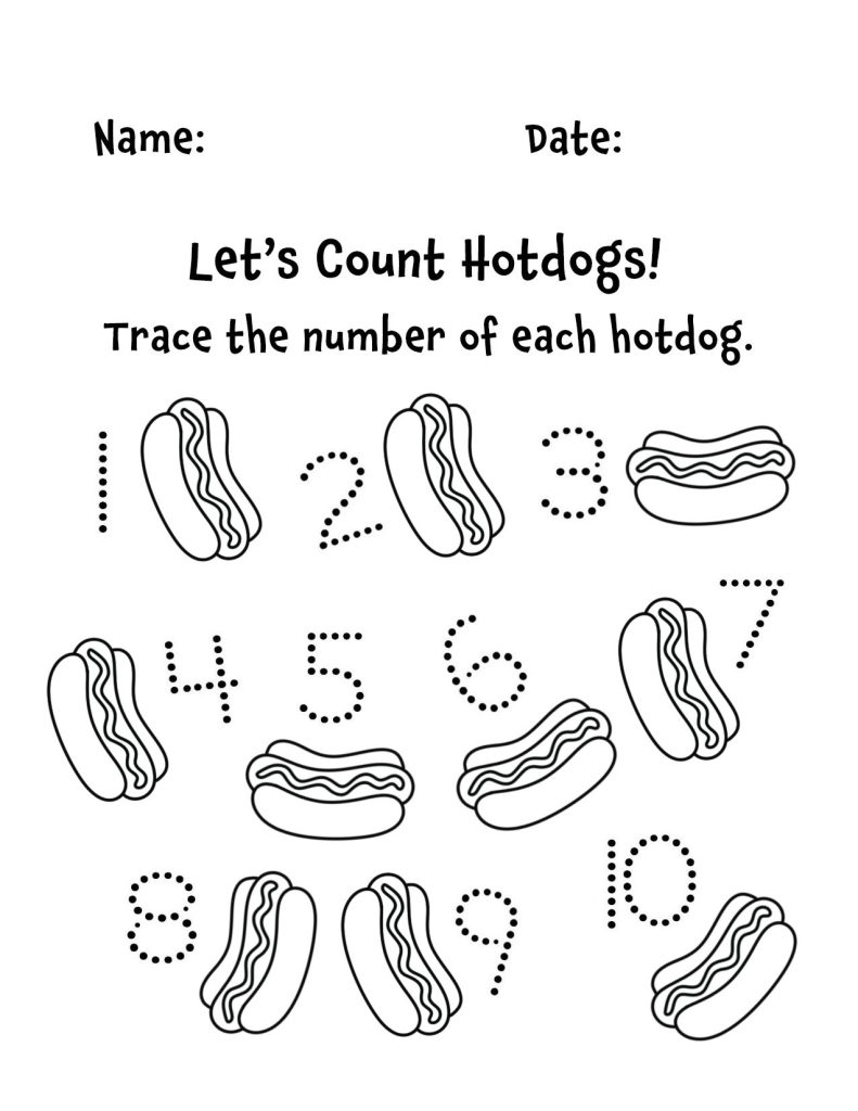 Free 4th of July Worksheets for Preschool! Count 10 Hotdogs!