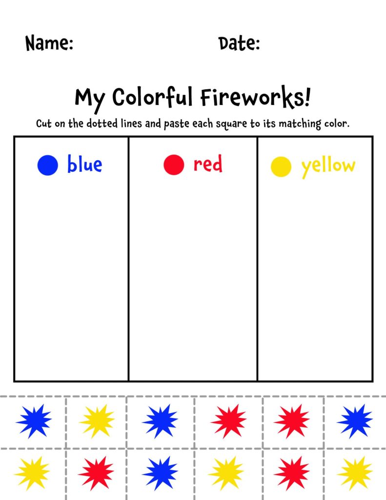 Free Fireworks Color Sorting Sheet for Preschool! 4th of July Printables!