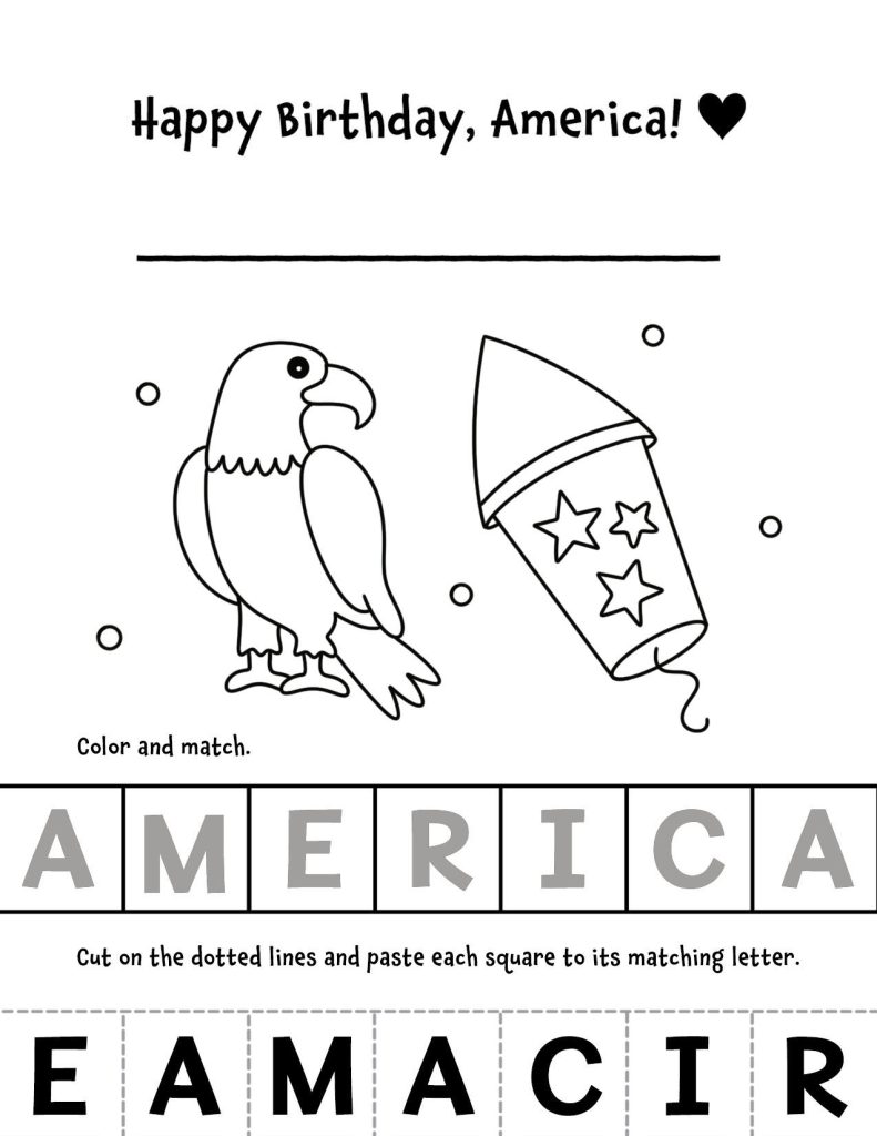 America Letter Matching 4th of July Worksheet for Preschool!