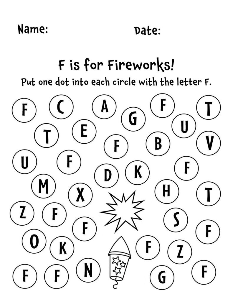 F is for Fireworks Letter Recognition Worksheet for Preschool!